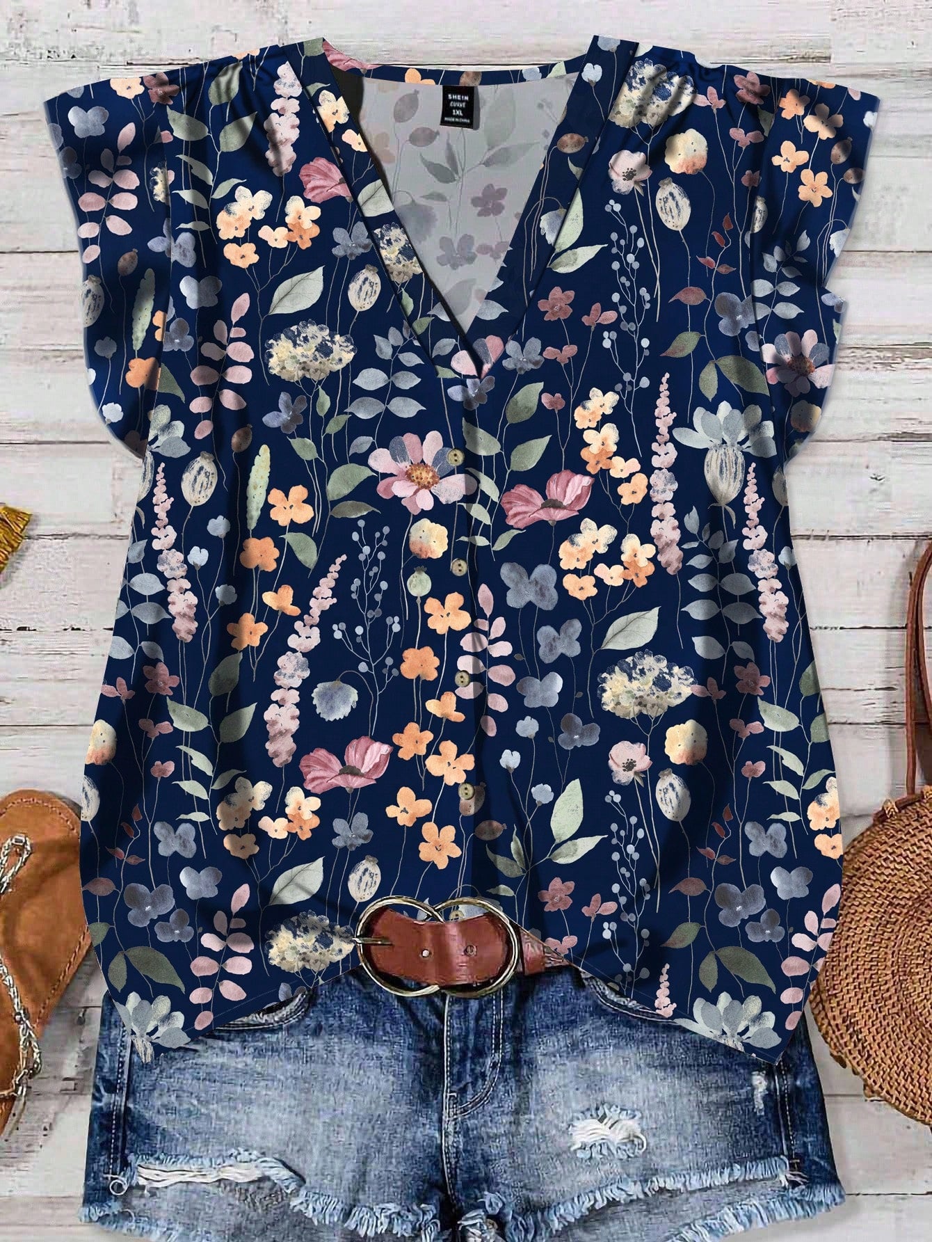 EMERY ROSE Beige,Autumn,Cute,Holiday Plus Size Women Halloween Pumpkin & Monster Print V-Neck Ruffle Trim Short Sleeve Blouse,Casual Bat Tops For Holiday Party