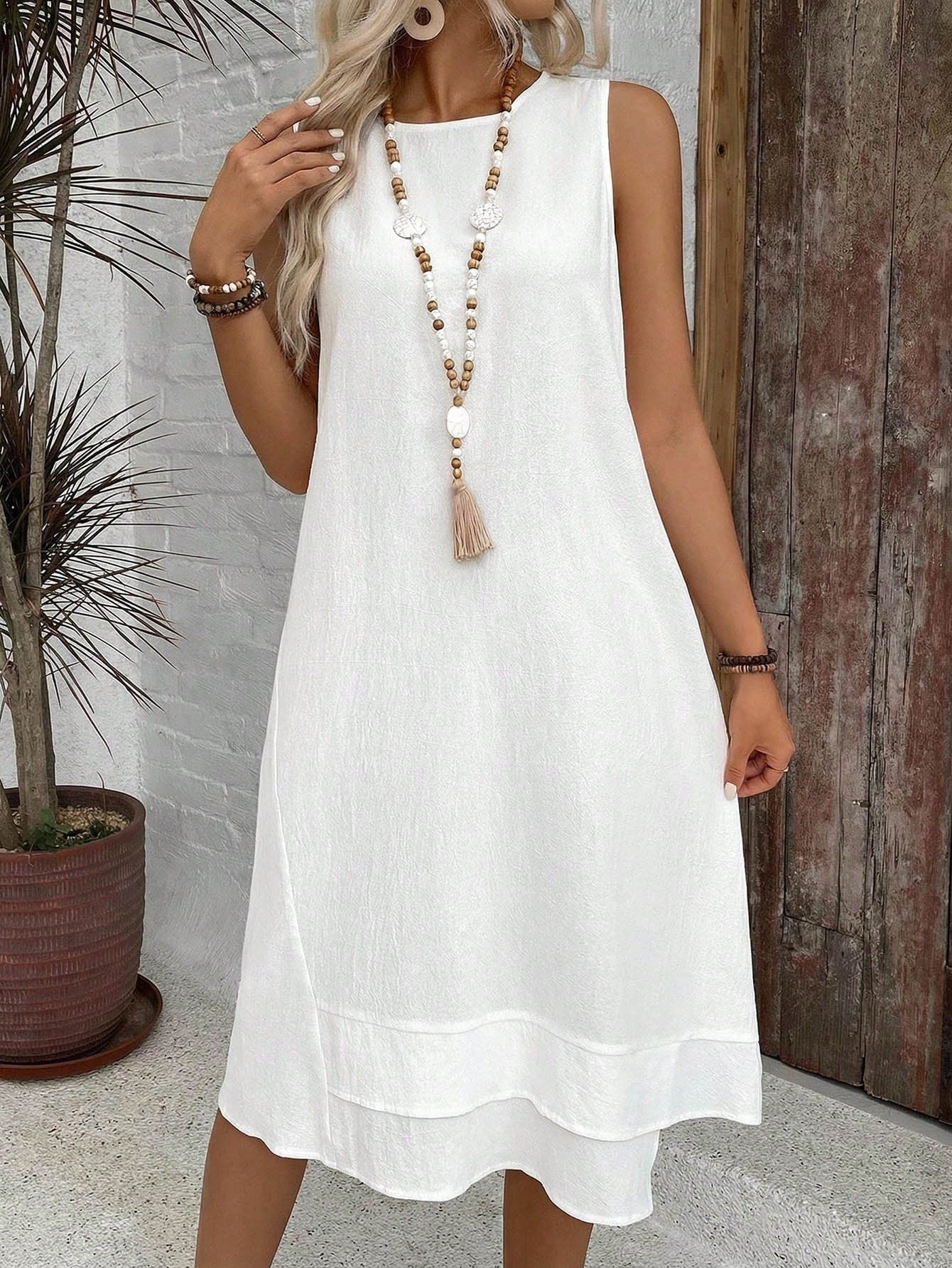 EMERY ROSE Casual Solid Color Round Neck A-Line Summer Dress, Women Summer Dress,Casual