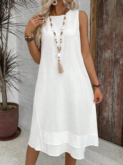 EMERY ROSE Casual Solid Color Round Neck A-Line Summer Dress, Women Summer Dress,Casual