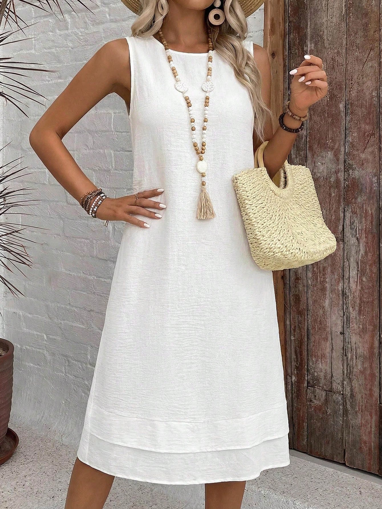 EMERY ROSE Casual Solid Color Round Neck A-Line Summer Dress, Women Summer Dress,Casual