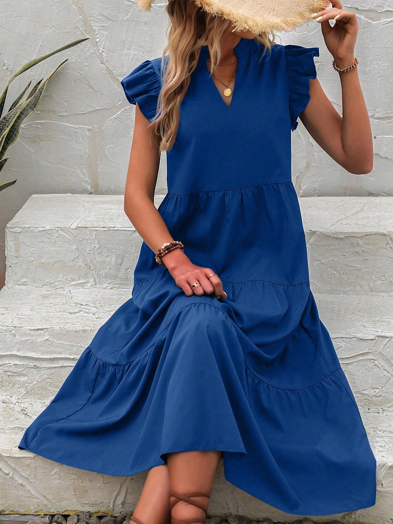 EMERY ROSE Notched Neckline Ruffle Trim Smock Dress Maxi Vacation Beach Outfits Women