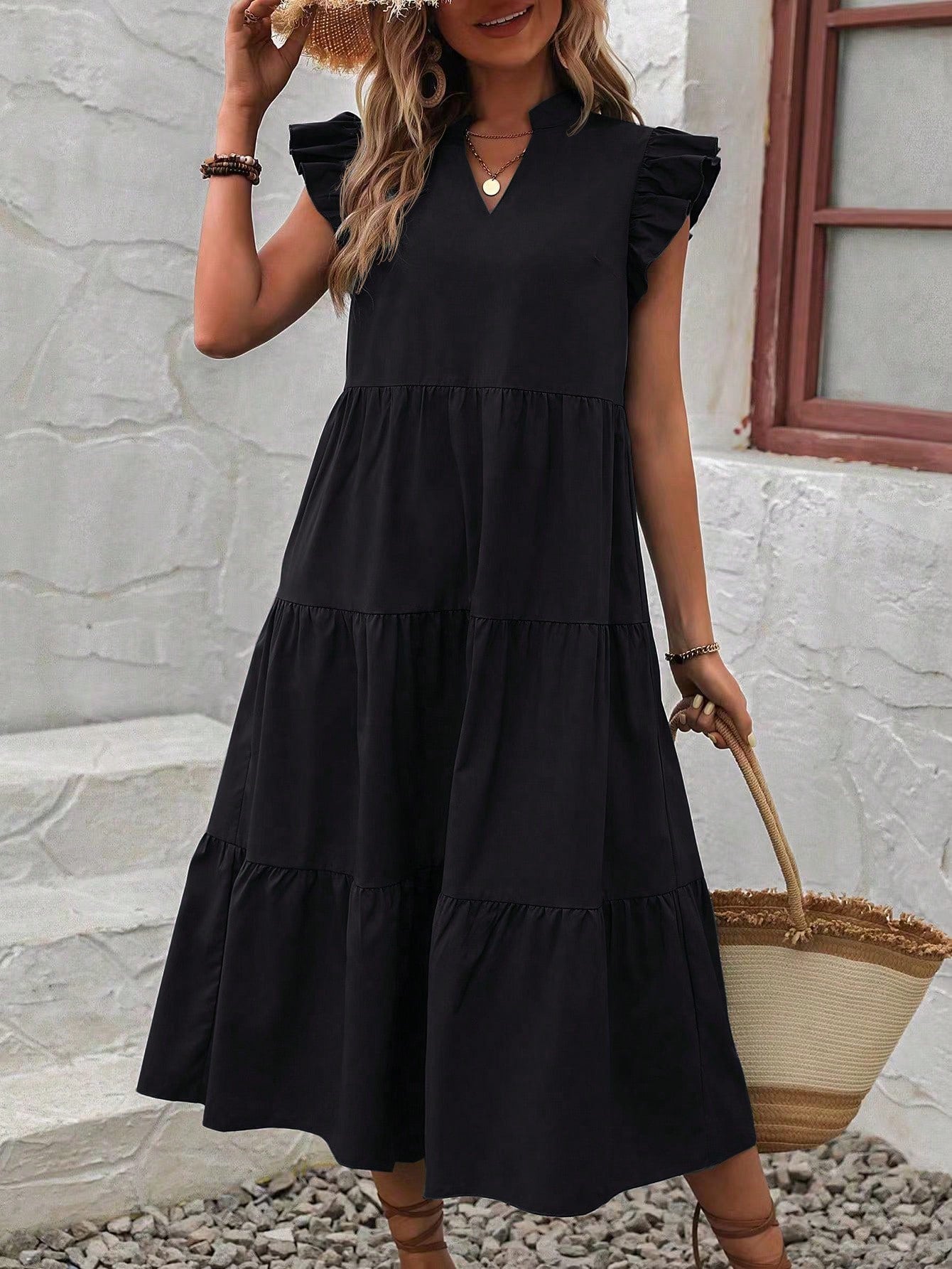 EMERY ROSE Notched Neckline Ruffle Trim Smock Dress Maxi Vacation Beach Outfits Women