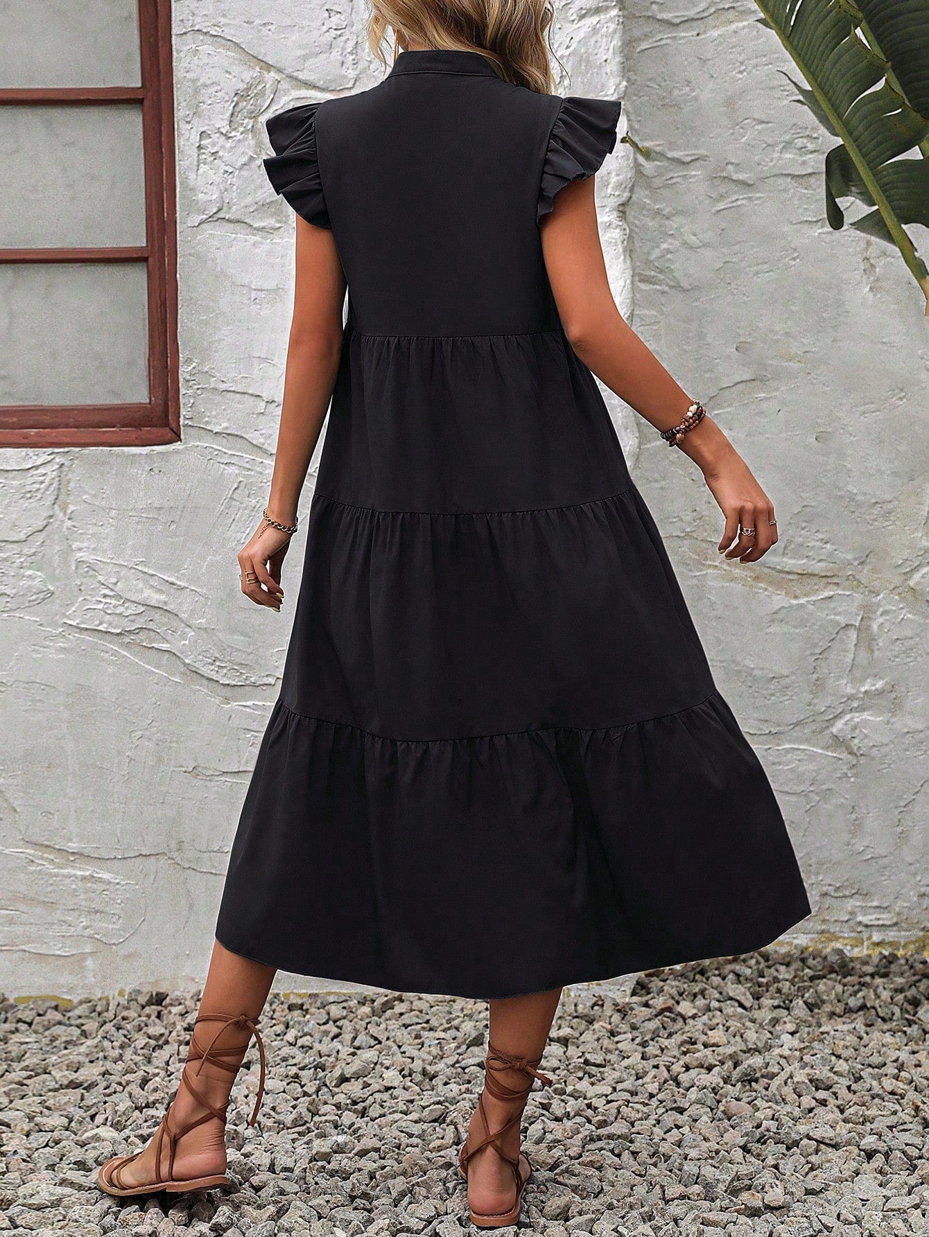 EMERY ROSE Notched Neckline Ruffle Trim Smock Dress Maxi Vacation Beach Outfits Women