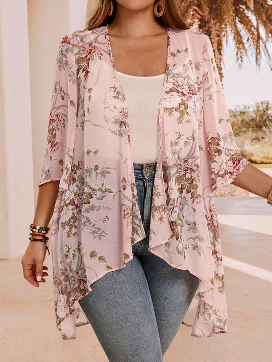 EMERY ROSE Plus Size Elegant Holiday Asymmetrical Hem Front Open Lightweight Summer Coat,Country Casual Vacation Women Western Wear,Fashionable Everyday Spring