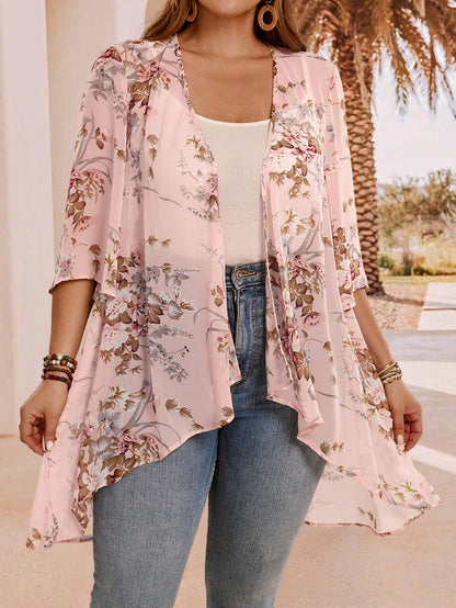 EMERY ROSE Plus Size Elegant Holiday Asymmetrical Hem Front Open Lightweight Summer Coat,Country Casual Vacation Women Western Wear,Fashionable Everyday Spring