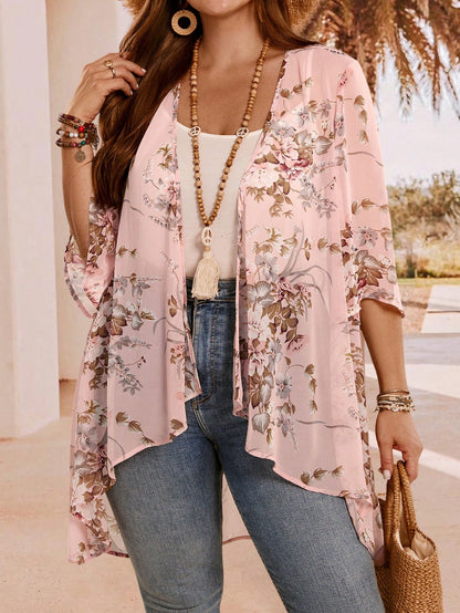 EMERY ROSE Plus Size Elegant Holiday Asymmetrical Hem Front Open Lightweight Summer Coat,Country Casual Vacation Women Western Wear,Fashionable Everyday Spring