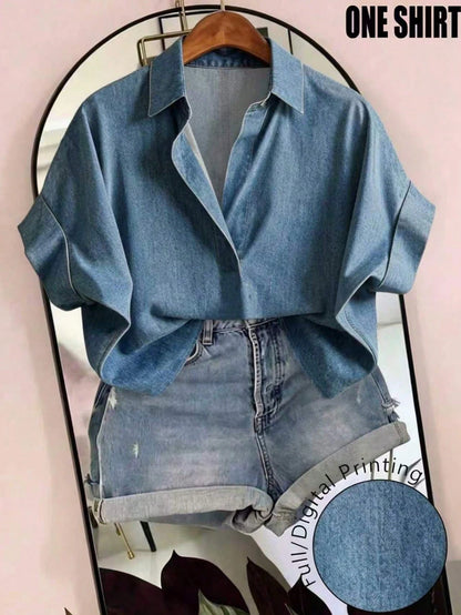 EMERY ROSE Plus Size Summer Casual Denim Effect Print Shirt