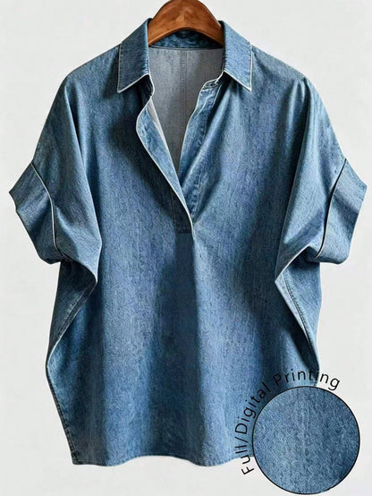 EMERY ROSE Plus Size Summer Casual Denim Effect Print Shirt