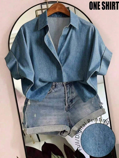EMERY ROSE Plus Size Summer Casual Denim Effect Print Shirt