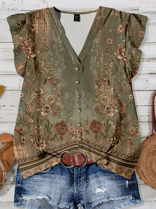EMERY ROSE Plus Size Women Casual Floral Print Ruffle Sleeve Shirt, Suitable For Summer Fall