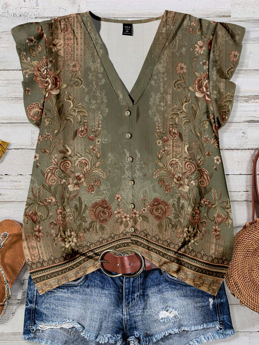EMERY ROSE Plus Size Women Casual Floral Print Ruffle Sleeve Shirt, Suitable For Summer Fall