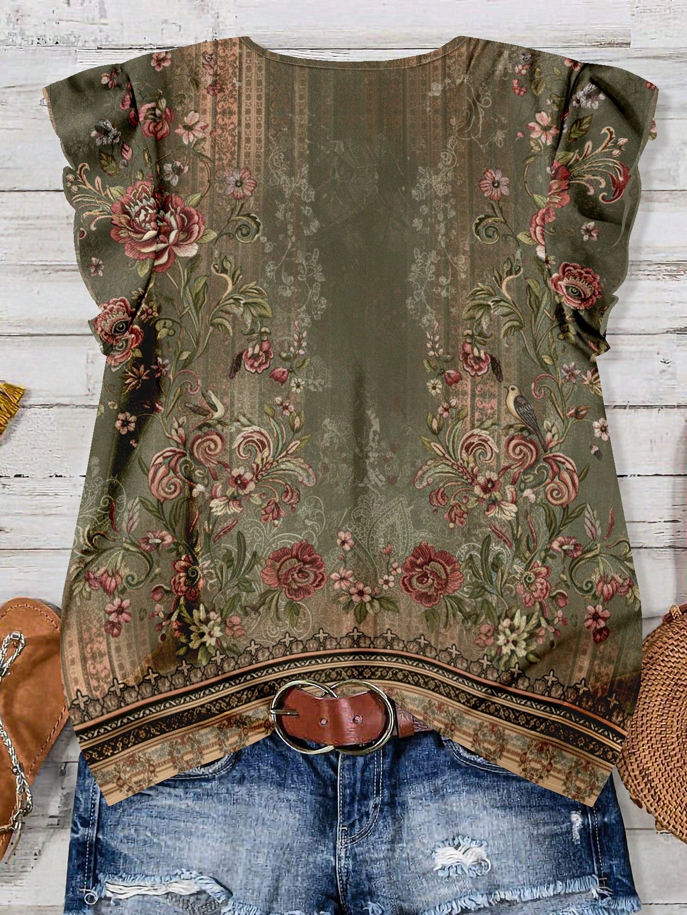 EMERY ROSE Plus Size Women Casual Floral Print Ruffle Sleeve Shirt, Suitable For Summer Fall