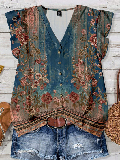 EMERY ROSE Plus Size Women Casual Floral Print Ruffle Sleeve Shirt, Suitable For Summer Fall