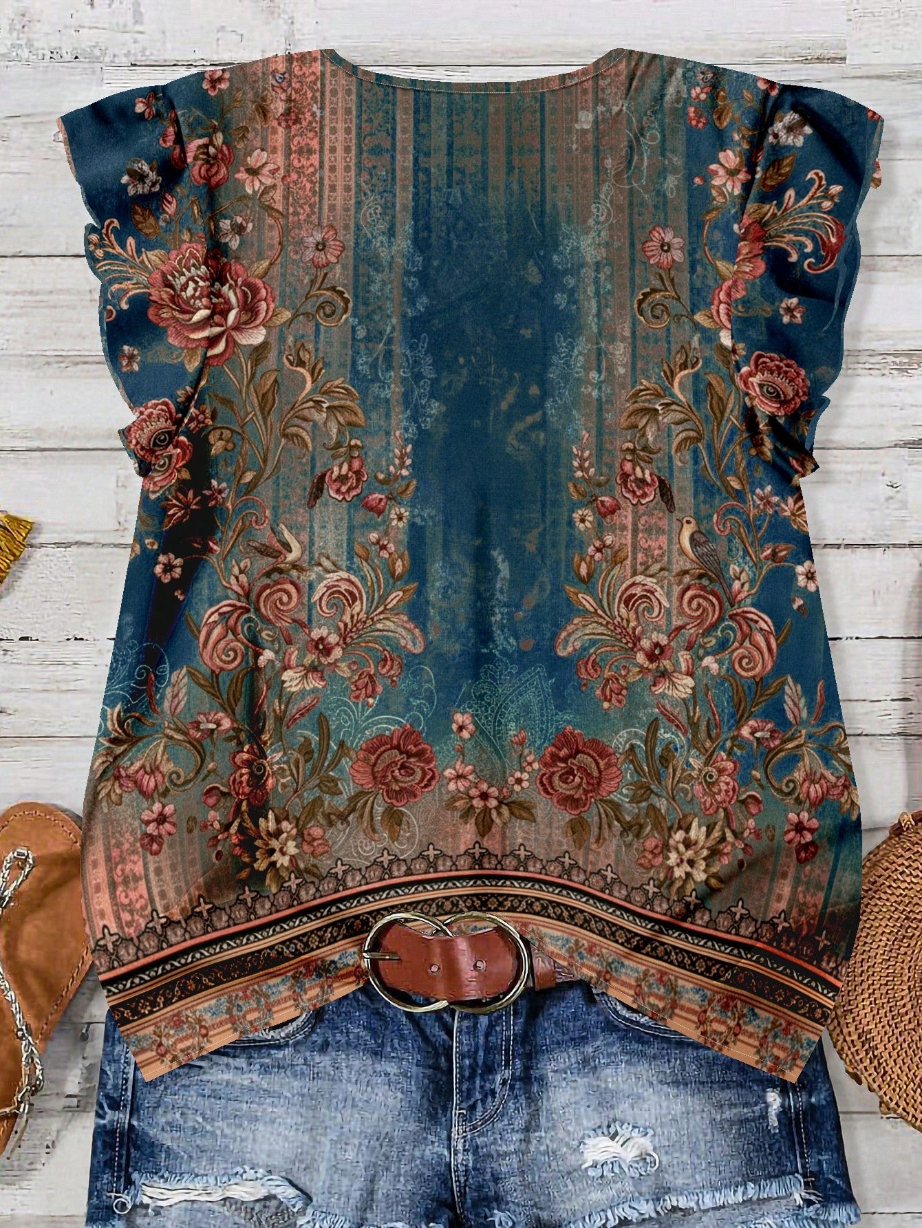 EMERY ROSE Plus Size Women Casual Floral Print Ruffle Sleeve Shirt, Suitable For Summer Fall