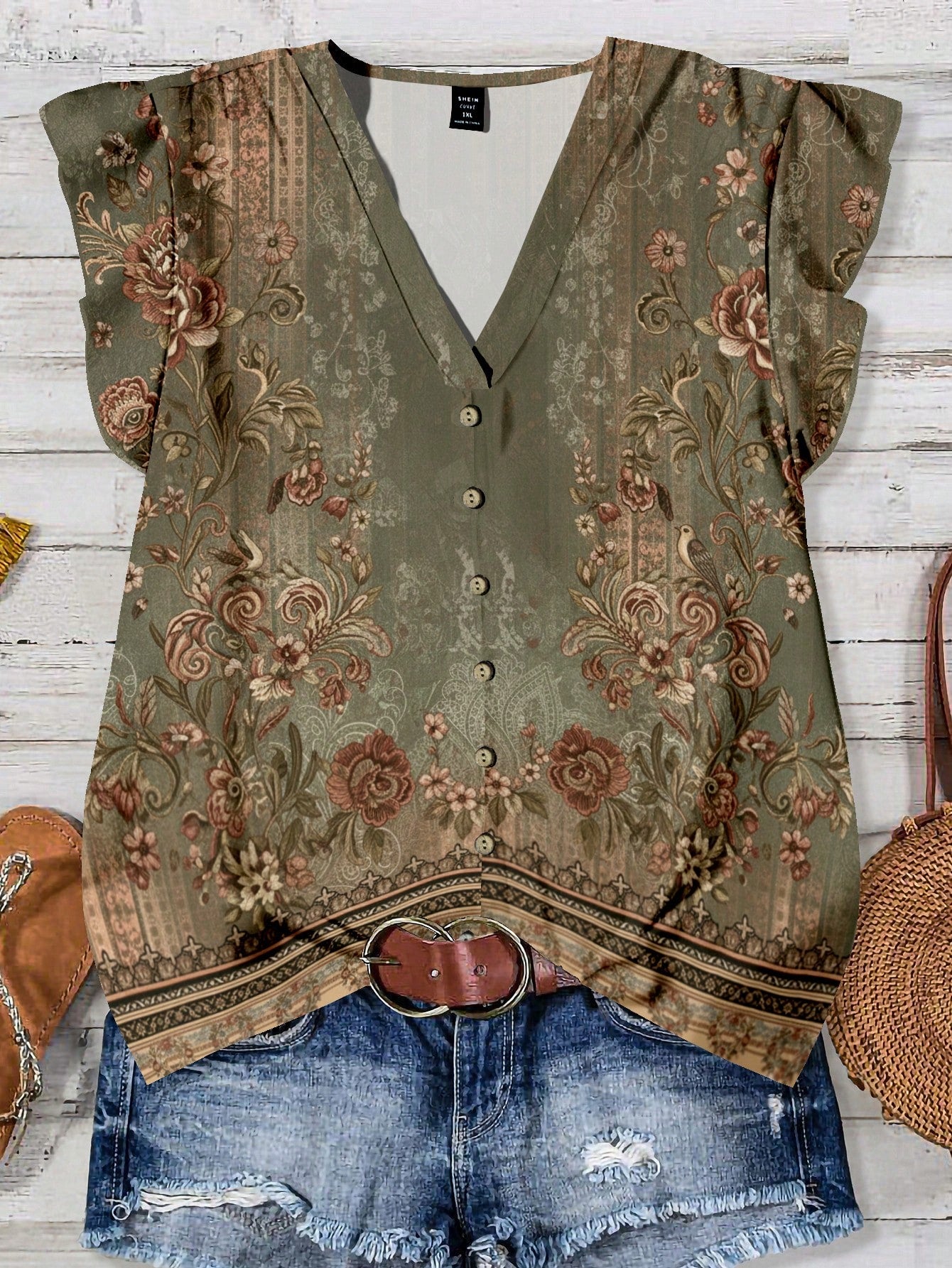 EMERY ROSE Plus Size Women Casual Floral Print Ruffle Sleeve Shirt, Suitable For Summer Fall