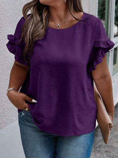 EMERY ROSE Plus Size Women Casual Solid Color Petal Sleeve Round Neck Blouse Chic