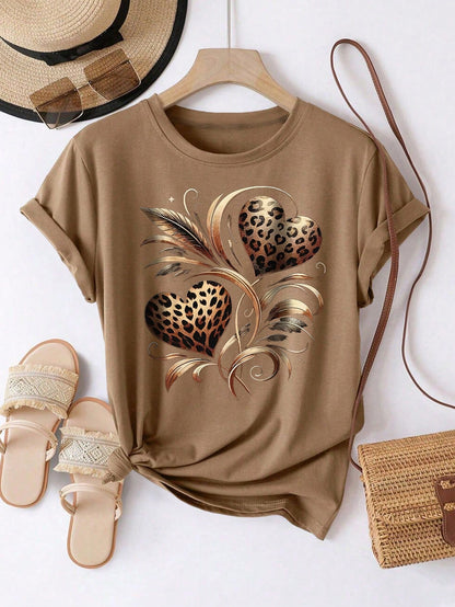 EMERY ROSE Plus Size Women Casual Sunflower & Leopard Print Short Sleeve Round Neck T-Shirt Summer Casual Tops Short Sleeve Tops Cute Casual Tops