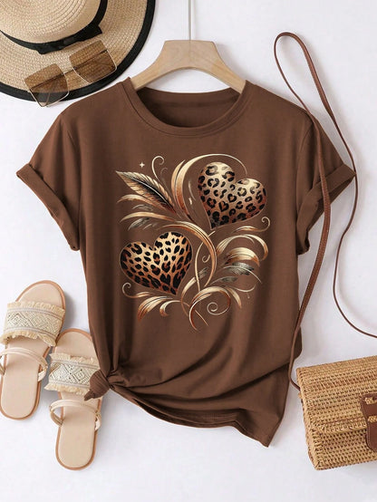 EMERY ROSE Plus Size Women Casual Sunflower & Leopard Print Short Sleeve Round Neck T-Shirt Summer Casual Tops Short Sleeve Tops Cute Casual Tops