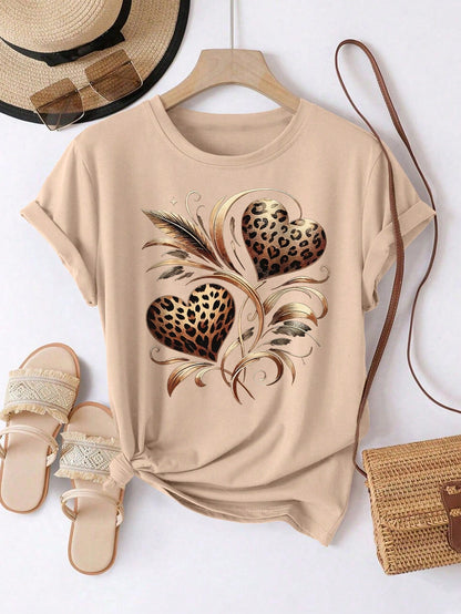 EMERY ROSE Plus Size Women Casual Sunflower & Leopard Print Short Sleeve Round Neck T-Shirt Summer Casual Tops Short Sleeve Tops Cute Casual Tops