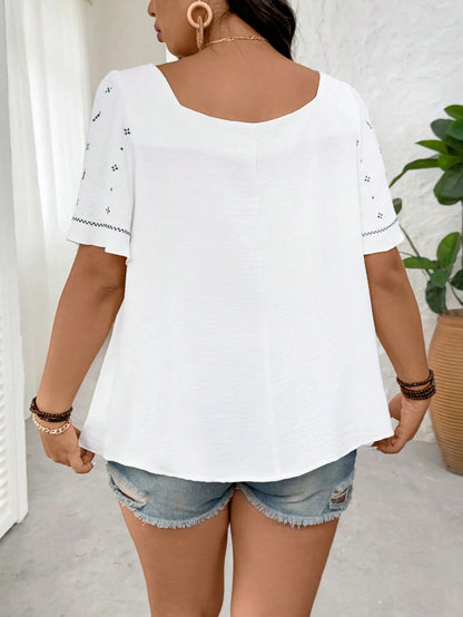 EMERY ROSE Plus Size Women's Embroidered Square Collar Ruffle Sleeve Shirt, Black And White Boho Traditional Elegant Vacation Summer Casual Commuter Top