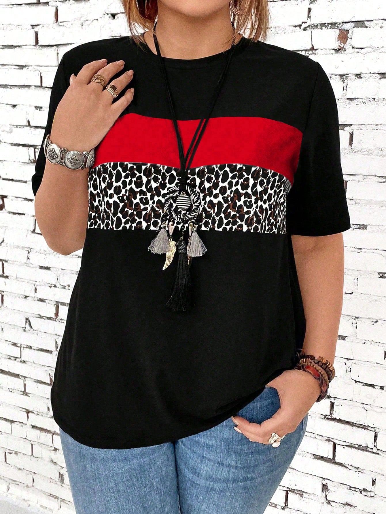 EMERY ROSE Plus Size Women's Leopard Print Splice Short Sleeve T-Shirt Graphic Cheetah Print Tees Women Tops