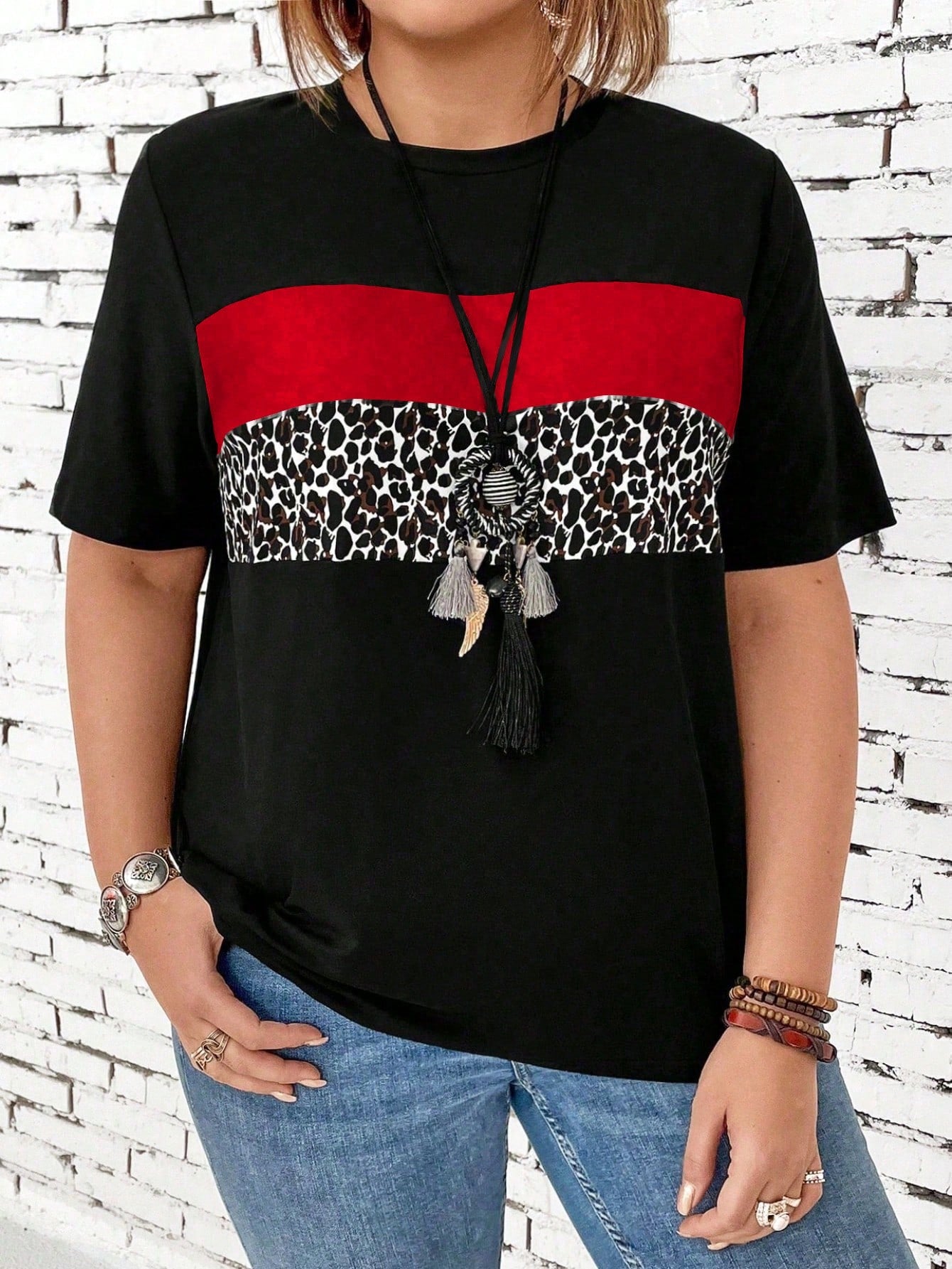 EMERY ROSE Plus Size Women's Leopard Print Splice Short Sleeve T-Shirt Graphic Cheetah Print Tees Women Tops