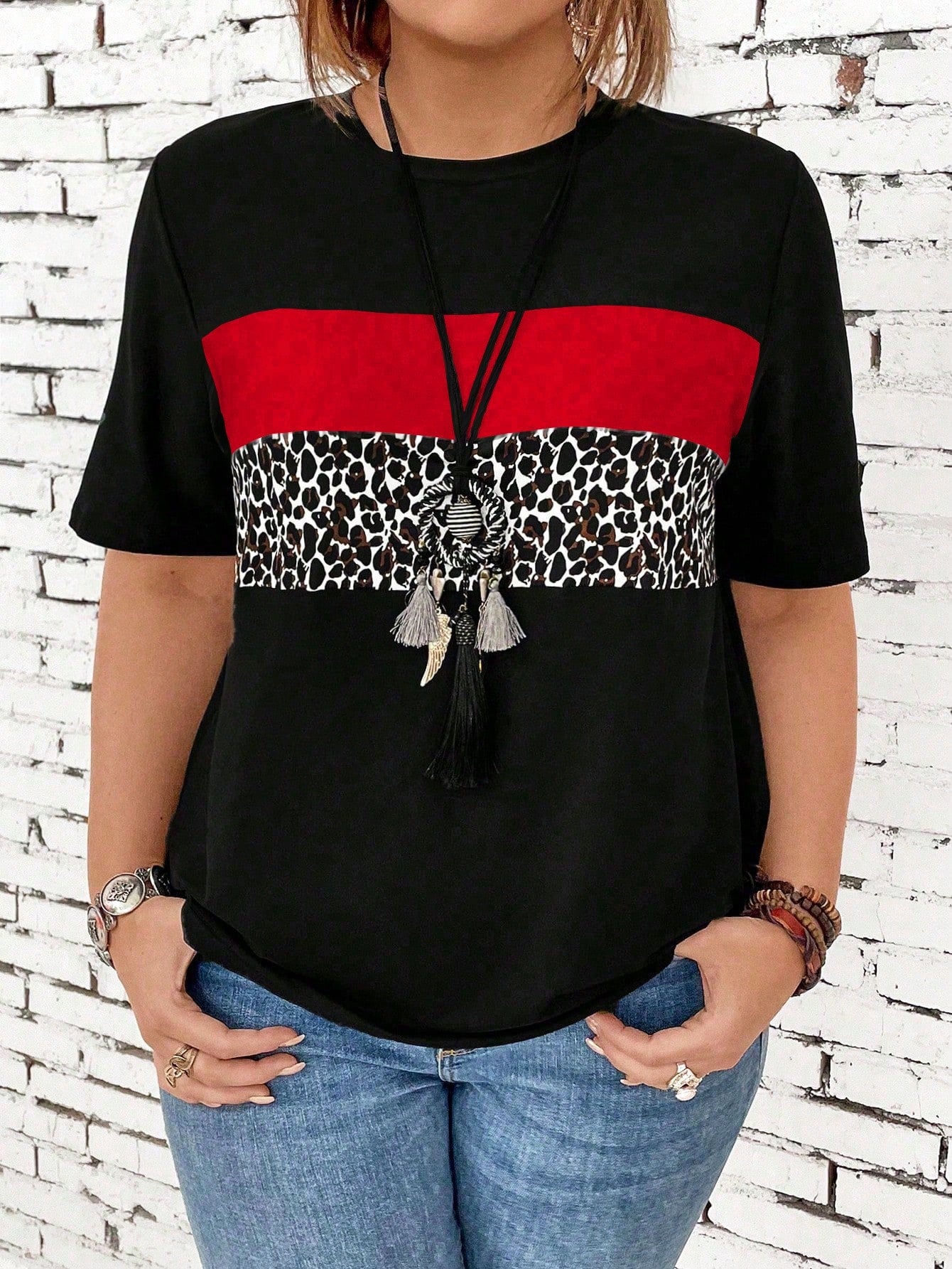 EMERY ROSE Plus Size Women's Leopard Print Splice Short Sleeve T-Shirt Graphic Cheetah Print Tees Women Tops