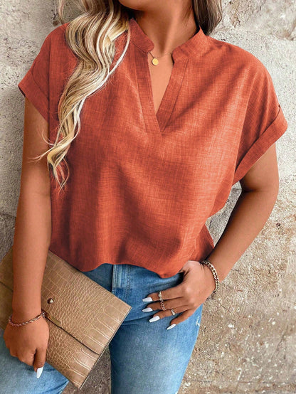 EMERY ROSE Plus Size Women V-Neck Batwing Sleeve Casual Solid Color Shirt