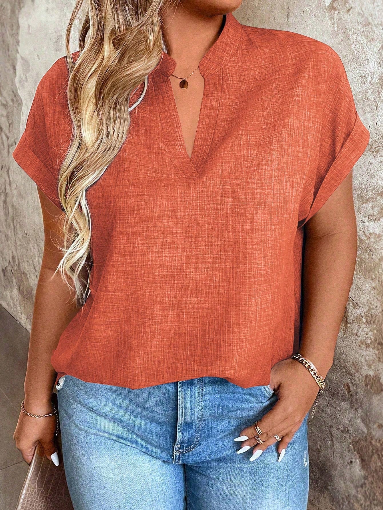 EMERY ROSE Plus Size Women V-Neck Batwing Sleeve Casual Solid Color Shirt