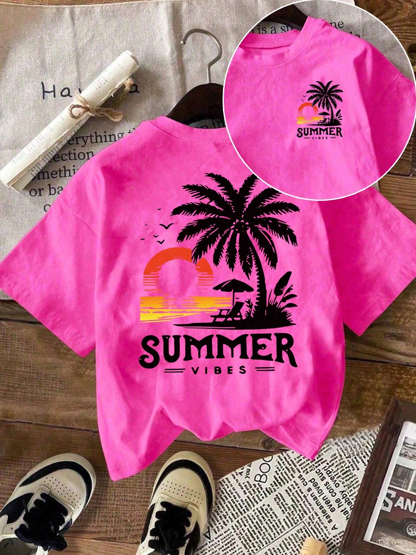 EMERY ROSE Raphic Tee-Y2K Style Tee Double-Sided Print Summer Casual Women's Top, Vintage StyleRound Neck Pure