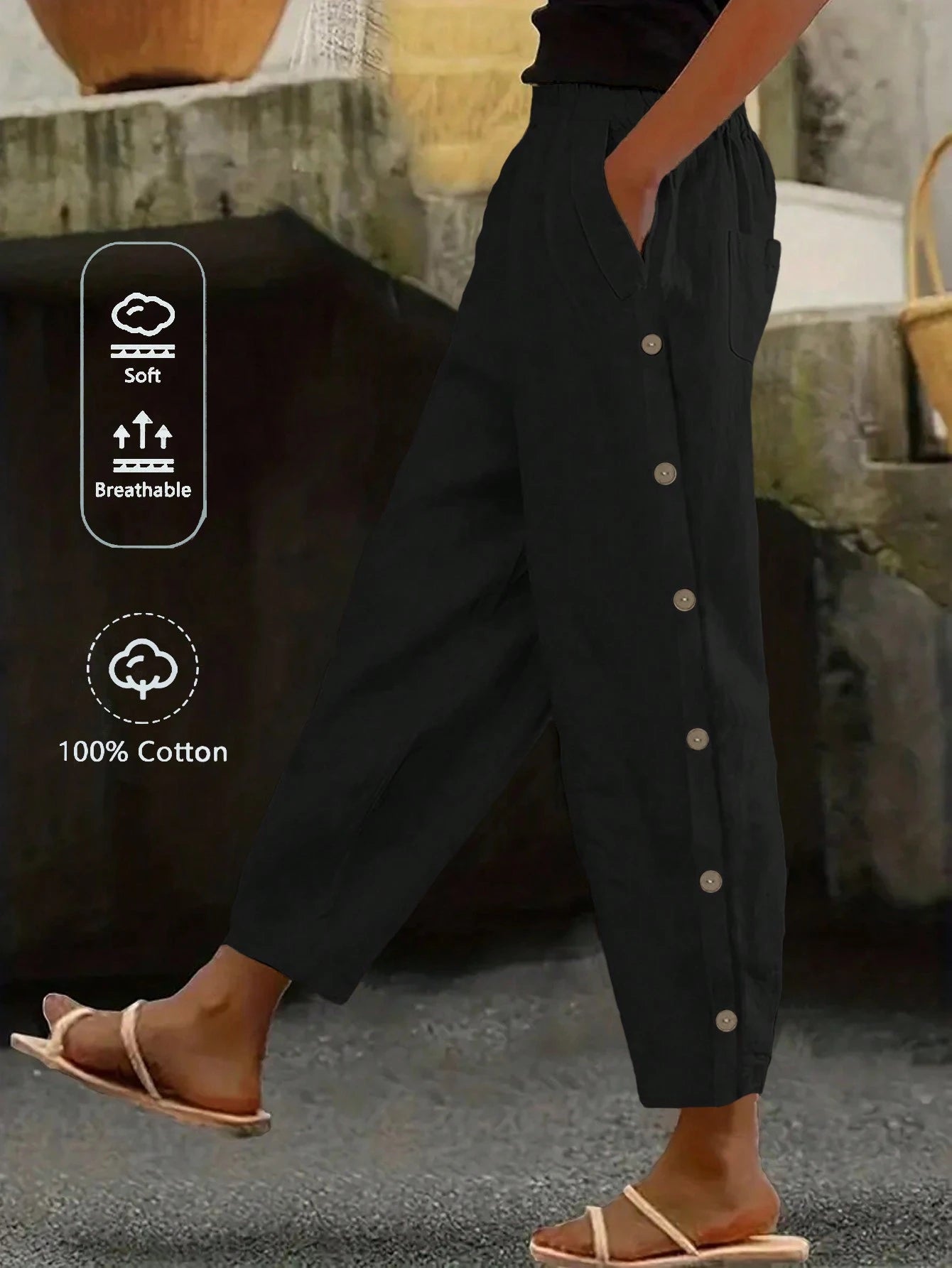 EMERY ROSE Women Leisure Solid Color Side Button Tapered Pants For Vacation