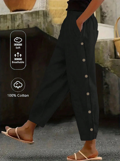 EMERY ROSE Women Leisure Solid Color Side Button Tapered Pants For Vacation