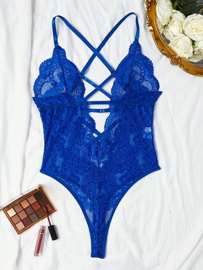 EmpressEnvy Floral Lace Criss Cross Plunging Neck Teddy Bodysuit Lingerie UnderwearOuter