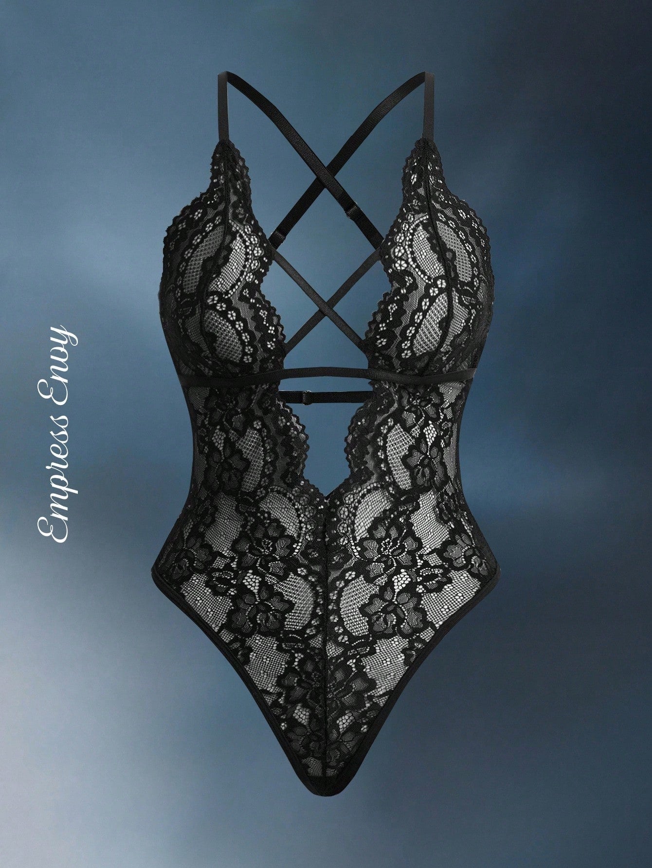EmpressEnvy Floral Lace Criss Cross Plunging Neck Teddy Bodysuit Lingerie UnderwearOuter