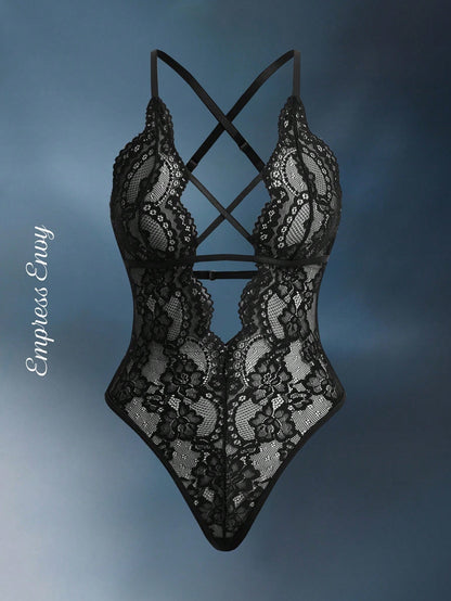 EmpressEnvy Floral Lace Criss Cross Plunging Neck Teddy Bodysuit Lingerie UnderwearOuter
