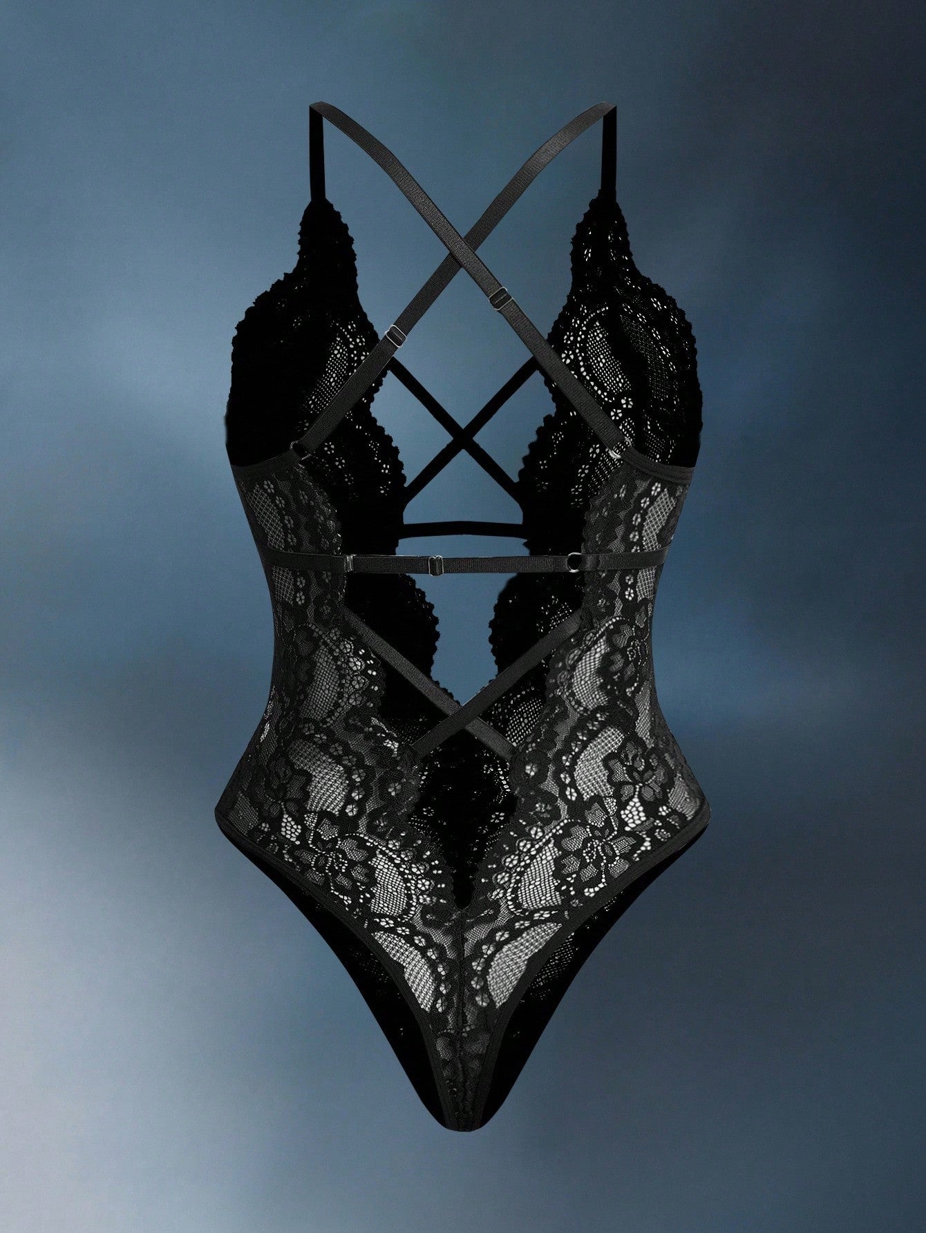 EmpressEnvy Floral Lace Criss Cross Plunging Neck Teddy Bodysuit Lingerie UnderwearOuter