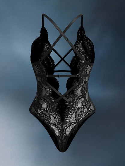 EmpressEnvy Floral Lace Criss Cross Plunging Neck Teddy Bodysuit Lingerie UnderwearOuter