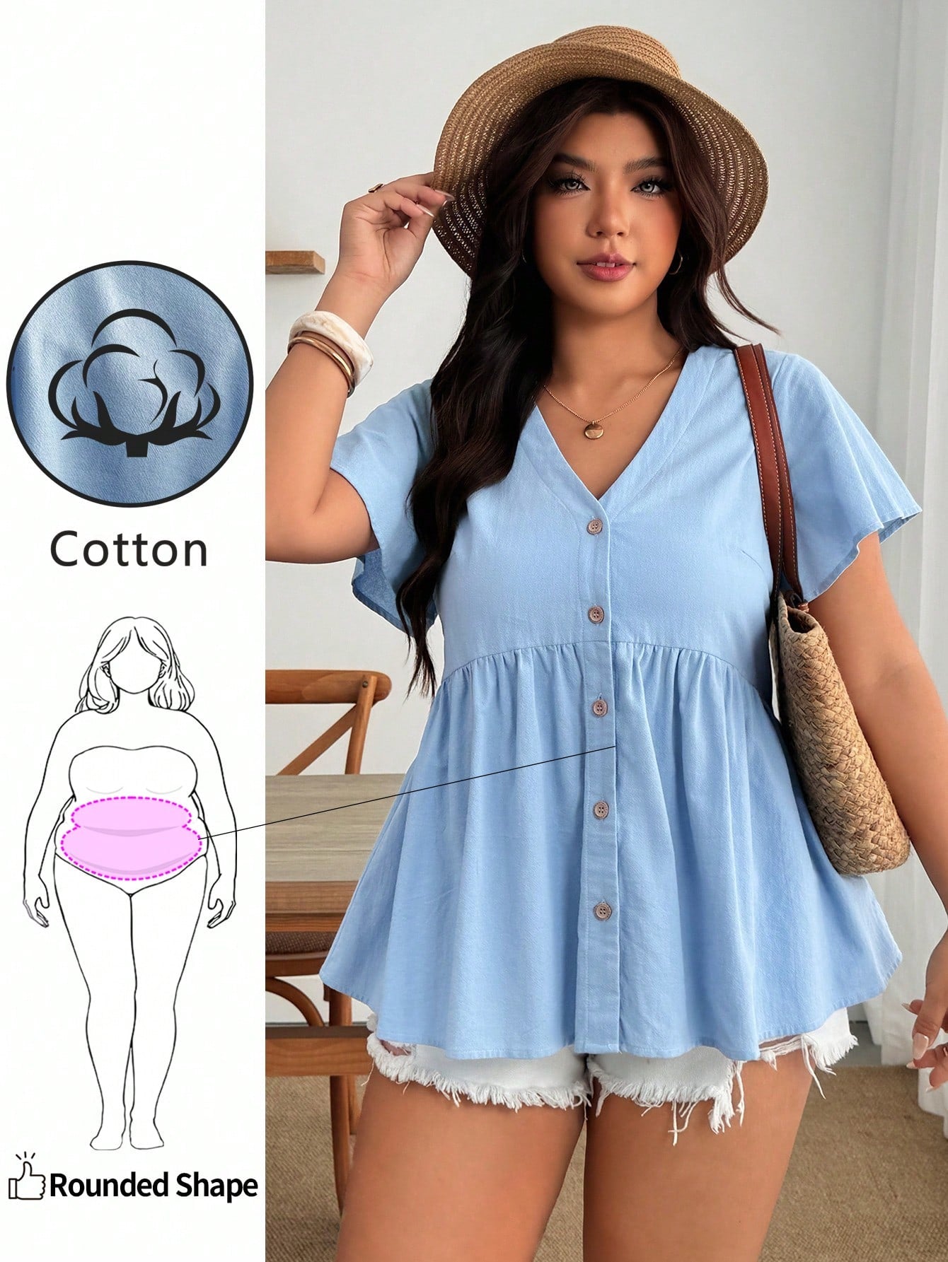 Enliva Plus Size Women's Ruffle Sleeve Blouse, V-Neck Top, Summer Clothing, Vacation Wear For Curvy Figures, Apple And Round Body Types, Light Blue Casual
