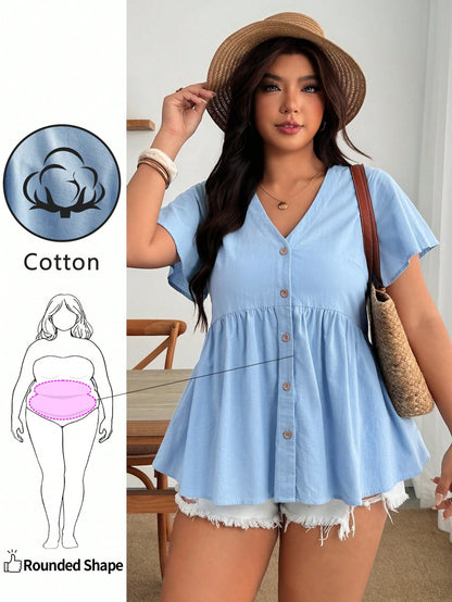 Enliva Plus Size Women's Ruffle Sleeve Blouse, V-Neck Top, Summer Clothing, Vacation Wear For Curvy Figures, Apple And Round Body Types, Light Blue Casual
