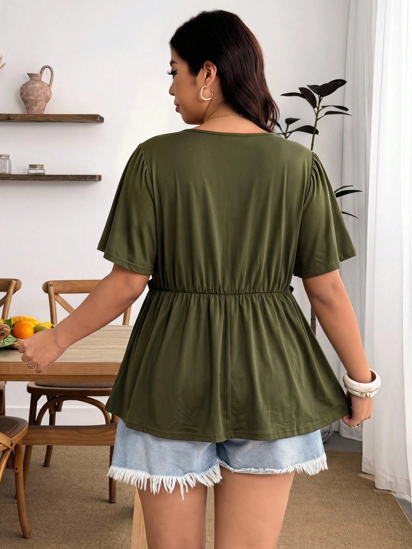 Enliva Plus Size Women's Spring/Summer Retro Sexy Elegant Commuter Casual Daily Vacation Bohemian Y2K Music Festival Lace Trim Ruffle Sleeve Top