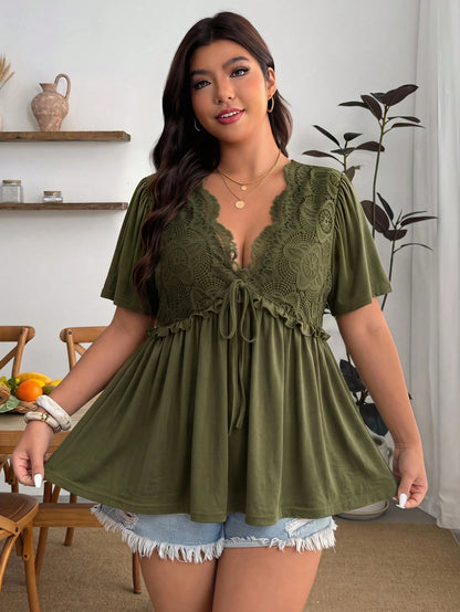 Enliva Plus Size Women's Spring/Summer Retro Sexy Elegant Commuter Casual Daily Vacation Bohemian Y2K Music Festival Lace Trim Ruffle Sleeve Top