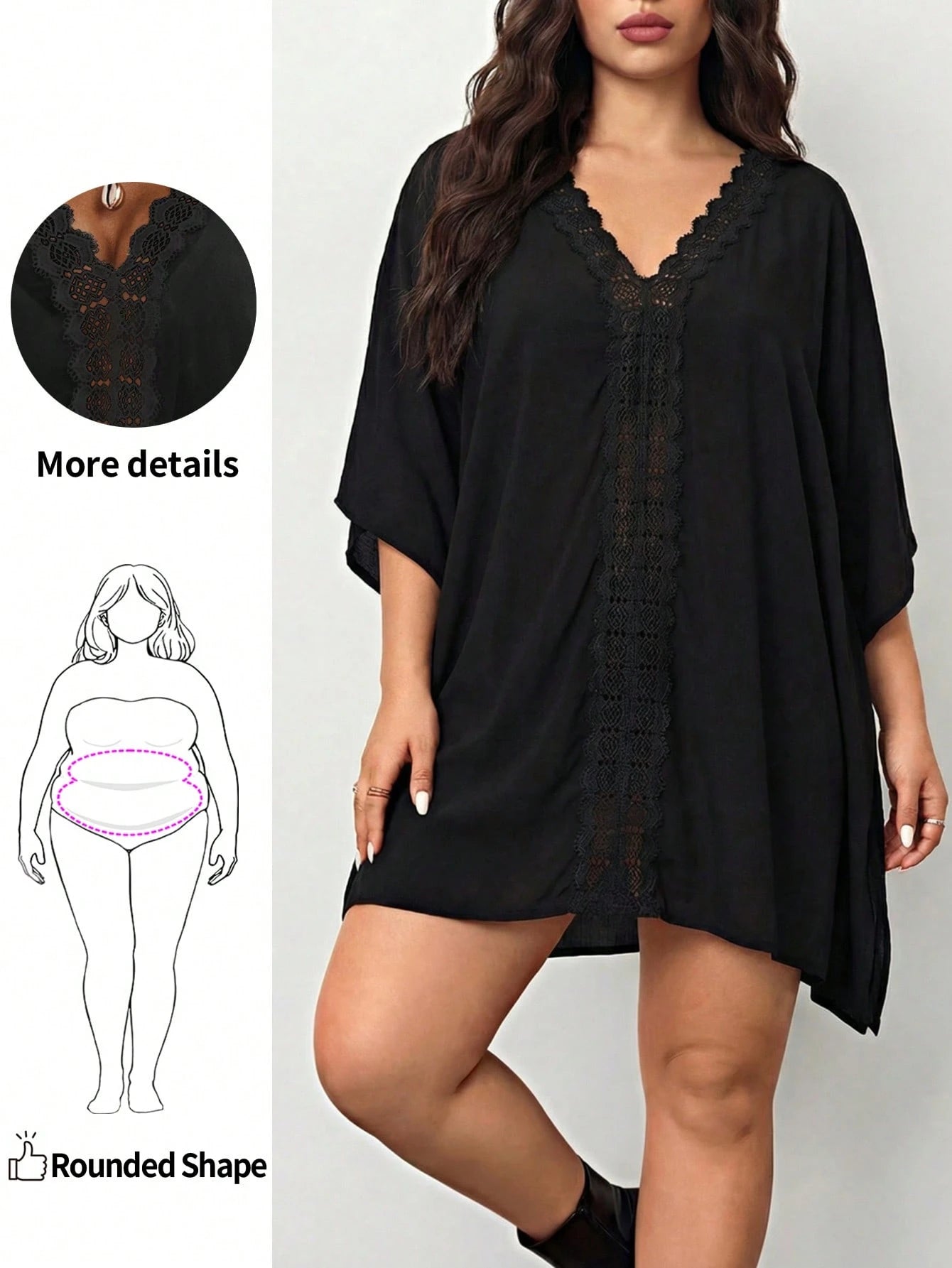 Enliva Plus Size Women Vacation Solid Color Contrast Lace Batwing Sleeve Dress, For Apple And Rounded Body Shape