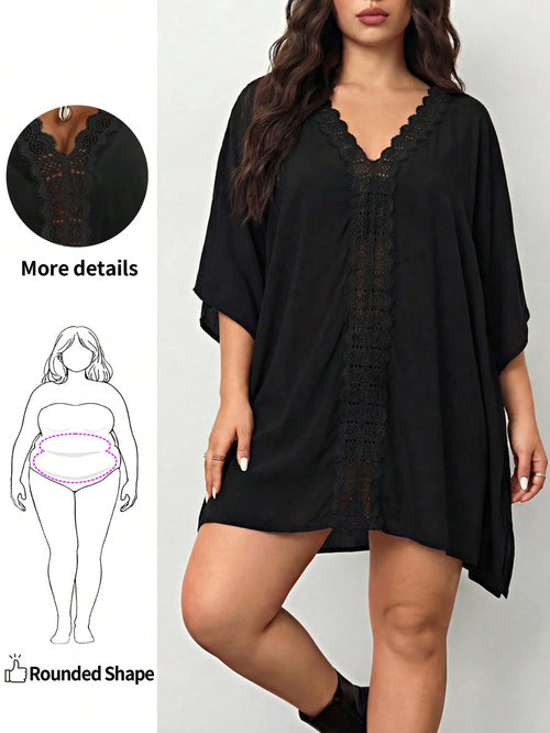 Enliva Plus Size Women Vacation Solid Color Contrast Lace Batwing Sleeve Dress, For Apple And Rounded Body Shape