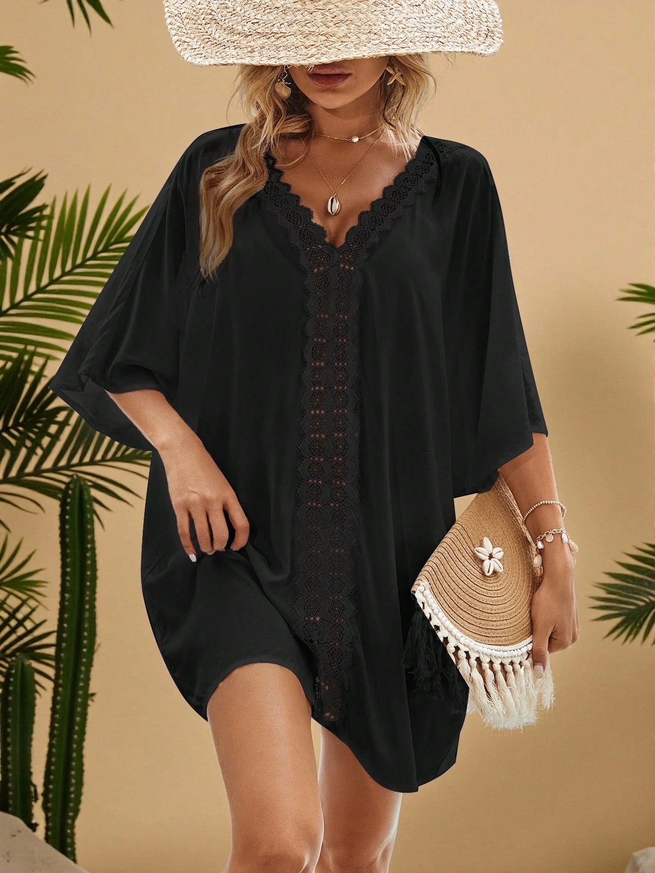 Enliva Plus Size Women Vacation Solid Color Contrast Lace Batwing Sleeve Dress, For Apple And Rounded Body Shape