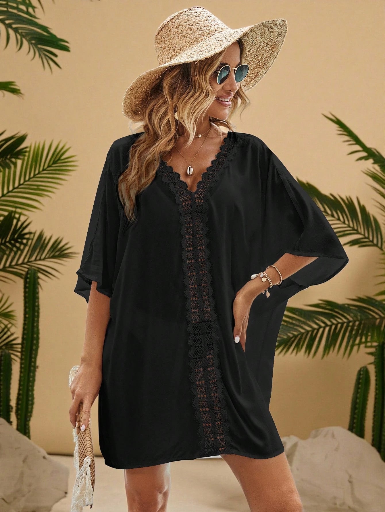 Enliva Plus Size Women Vacation Solid Color Contrast Lace Batwing Sleeve Dress, For Apple And Rounded Body Shape
