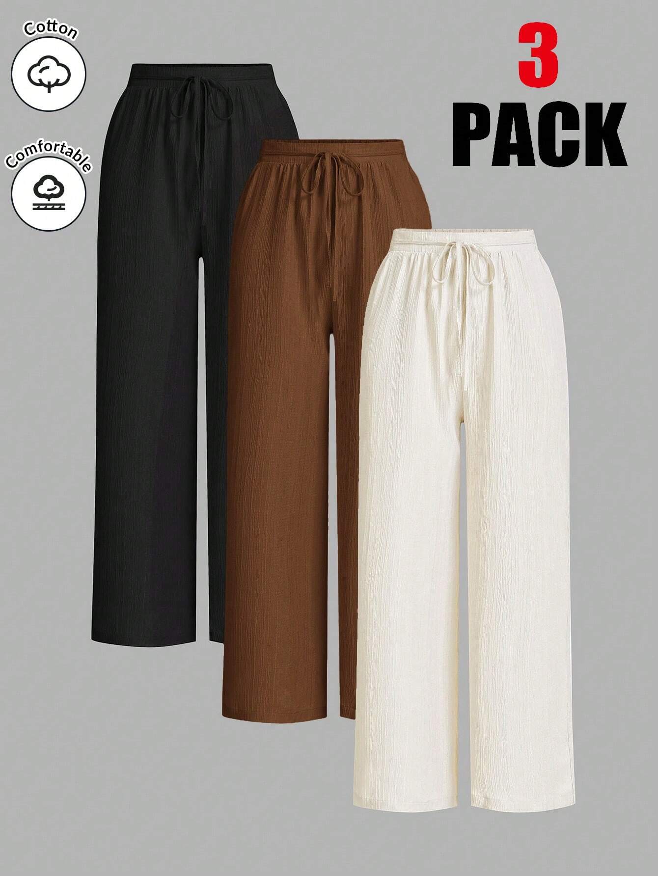 Essnce 3packs Summer Pants Women's Solid Color Waist-Tie Wide Leg Loose Casual Pants