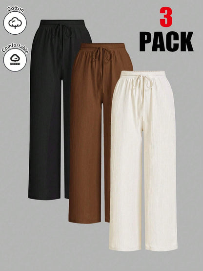 Essnce 3packs Summer Pants Women's Solid Color Waist-Tie Wide Leg Loose Casual Pants