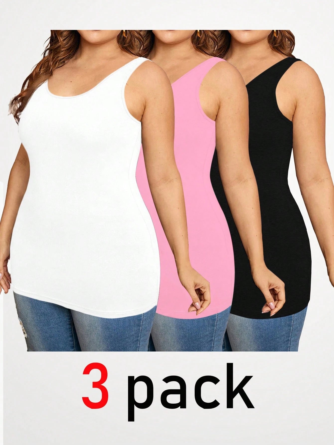 Essnce Plus Size Women's Clothing Four Seasons Fashion Casual Comfortable Basic Long Top 3-Pack Tank Top, Summer Women Pink