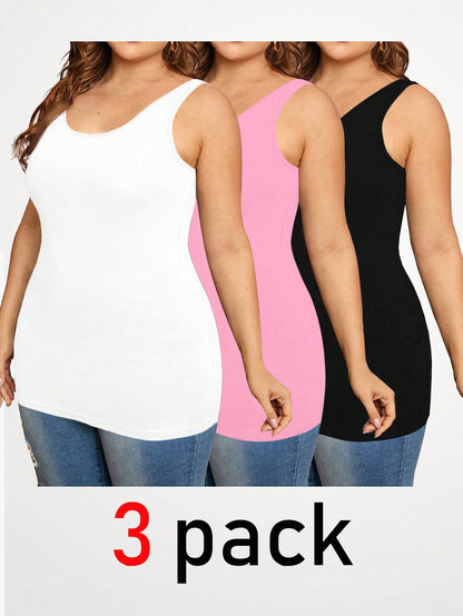 Essnce Plus Size Women's Clothing Four Seasons Fashion Casual Comfortable Basic Long Top 3-Pack Tank Top, Summer Women Pink