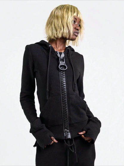 European And American Street Personality Large Zipper Color Matching Hooded Sweater Casual Solid Color Hoodie Jacket